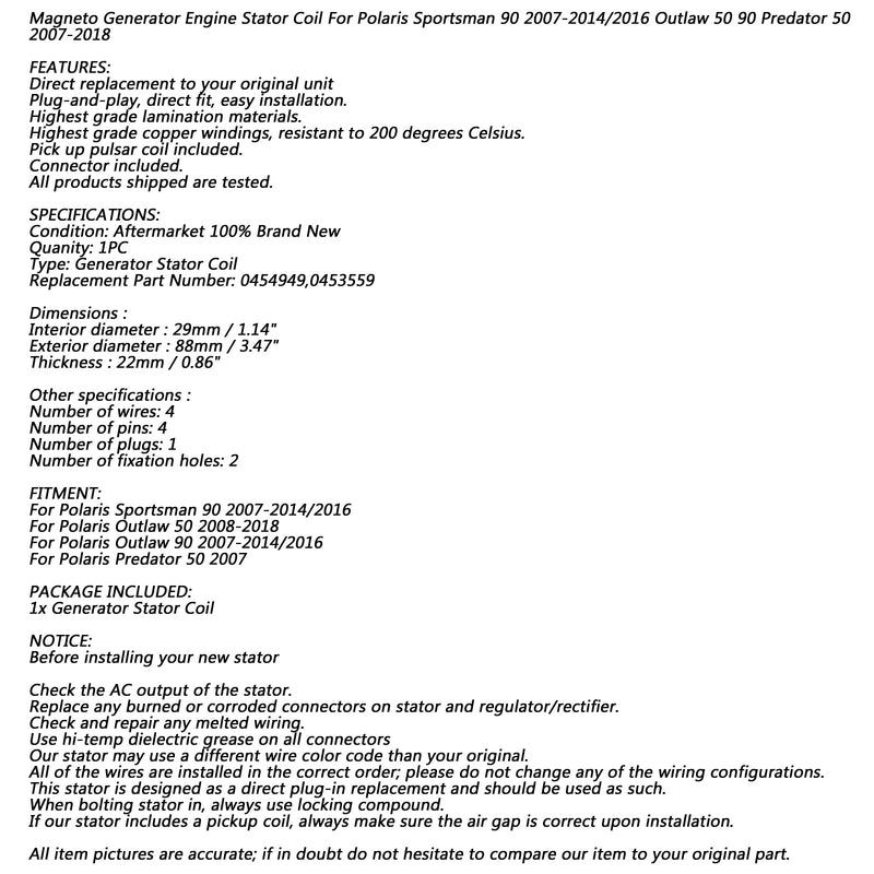 Bobina do estator do gerador para Polaris Outlaw Sportsman 50 90 2007-2018 Repl.0453559 Genérico