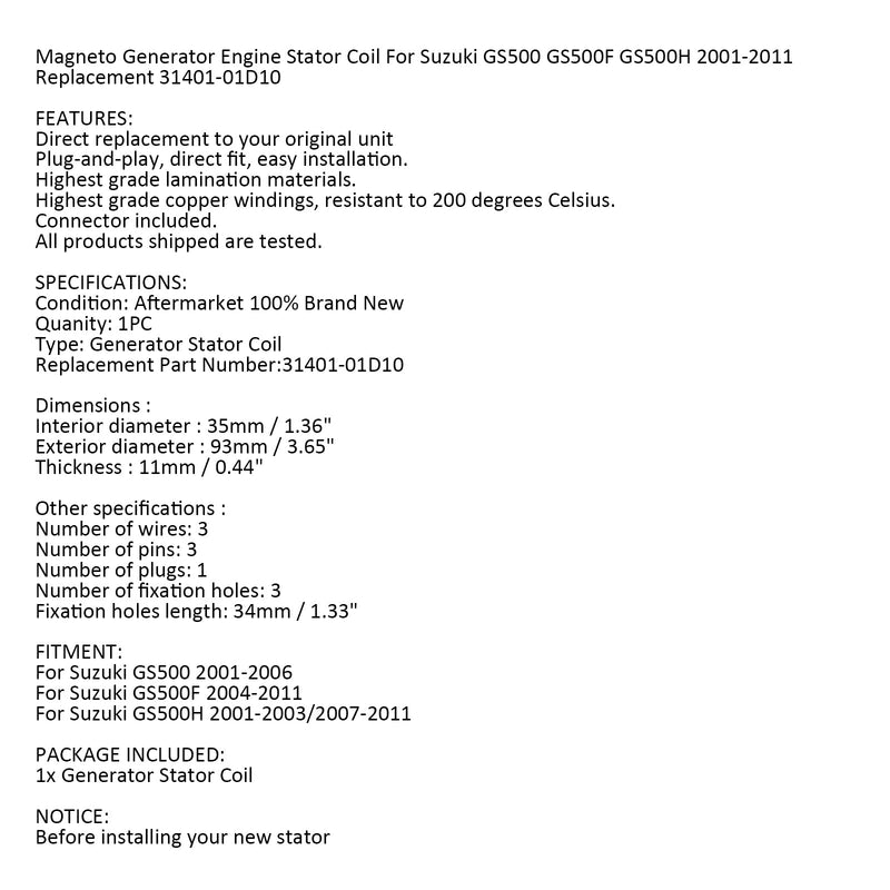 Lichtmaschine Statorspule für Suzuki GS500 GS500F GS500H 2001-2011 Repl.31401-01D10 Generic