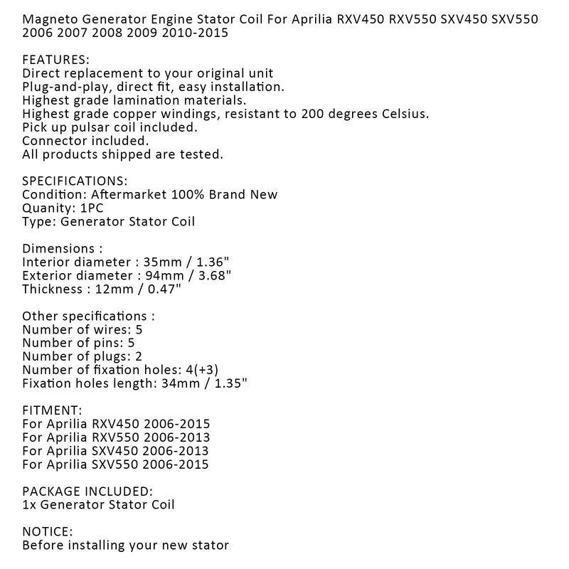 Bobina del estator del alternador para Aprilia RXV450 RXV550 SXV450 SXV550 2006-2015