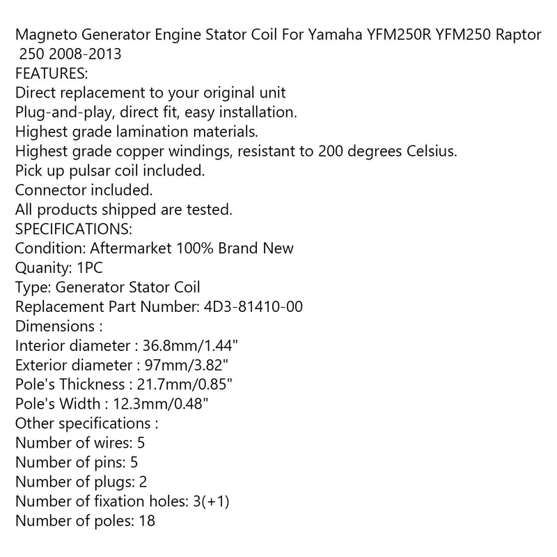 Estator do gerador para Yamaha Raptor 250 YFM250 YFM250R 2008-2013 4D3-81410-00 Genérico