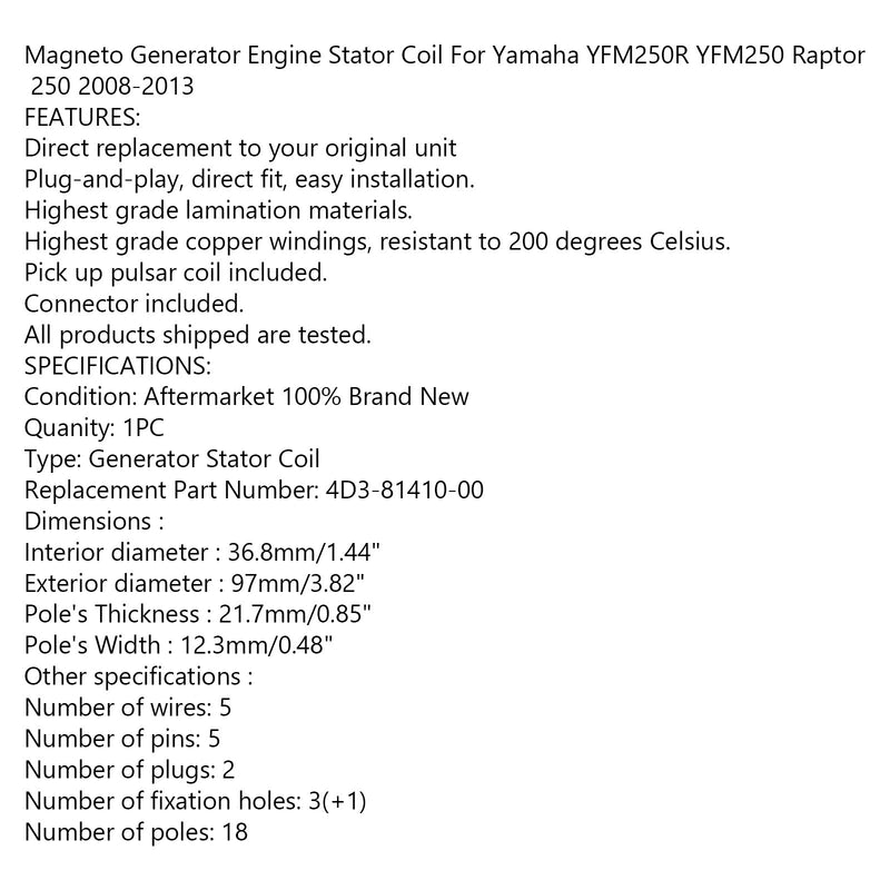 Generaattorin staattori Yamaha Raptor 250 YFM250 YFM250R 2008-2013 4D3-81410-00 Generic