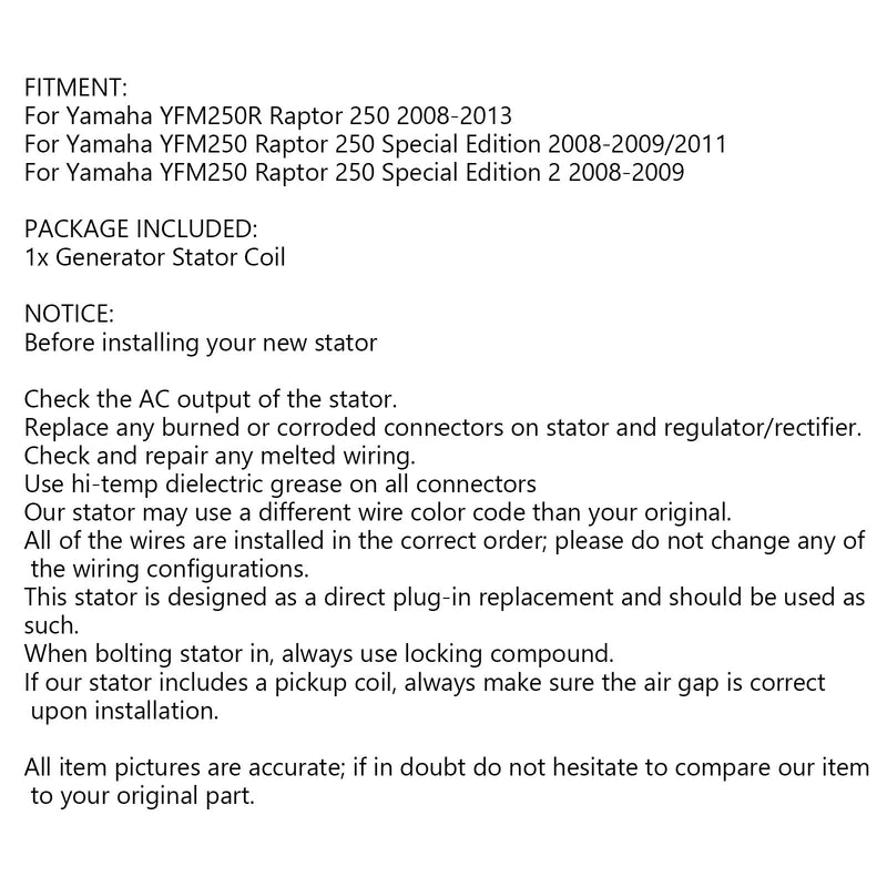 Generaattorin staattori Yamaha Raptor 250 YFM250 YFM250R 2008-2013 4D3-81410-00 Generic