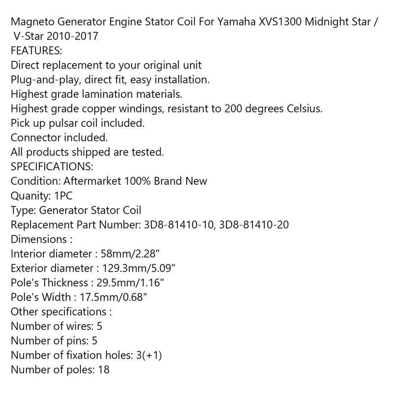 Estator de generador para Yamaha XVS1300 V-Star / Midnight Star 10-17 3D8-81410-10 Genérico