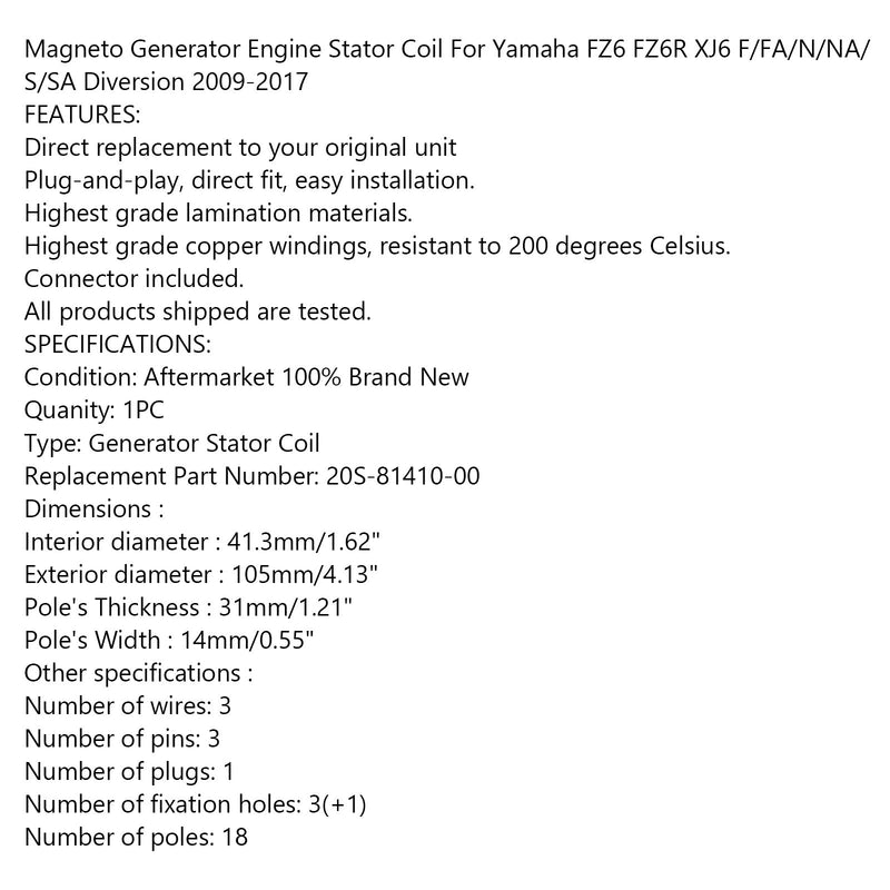 Estator do gerador para Yamaha XJ6 XJ6F XJ6N XJ6S Diversion 09-17 20S-81410-00 Genérico