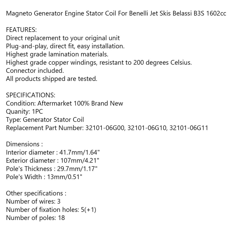 Generator-Statorspule 18 Pole für Jetskis Benelli Belassi B3S 1602cc Generic
