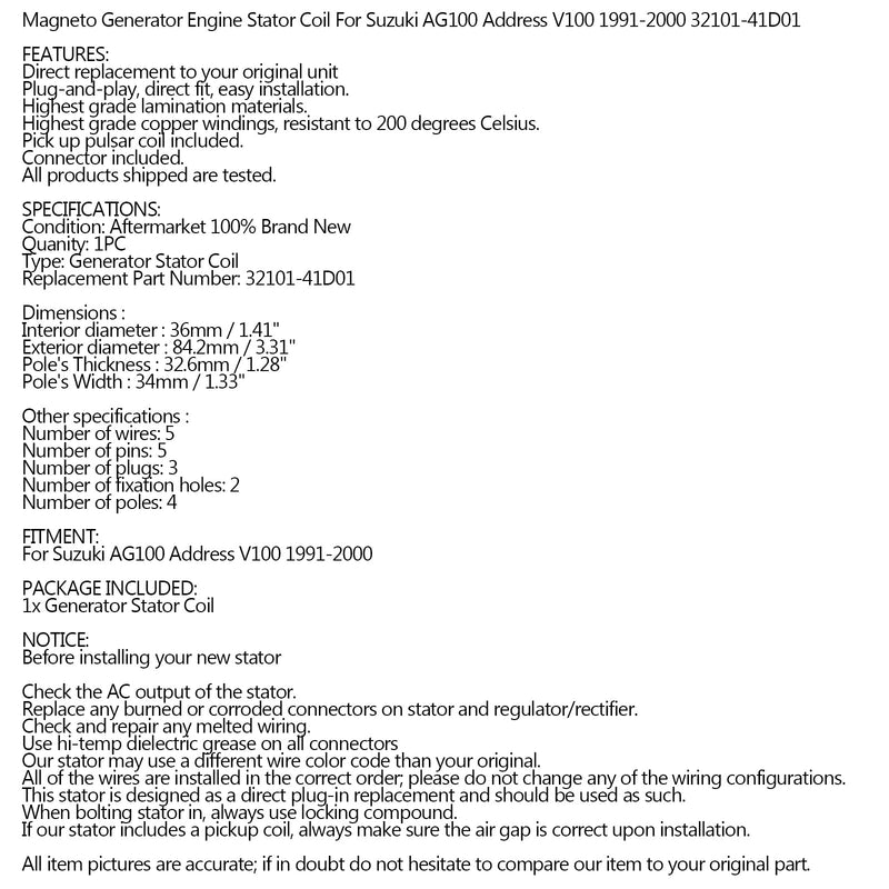 Magneto-Statorspule für Suzuki AG100 Address V100 1991-2000 Ref.32101-41D01 Generic