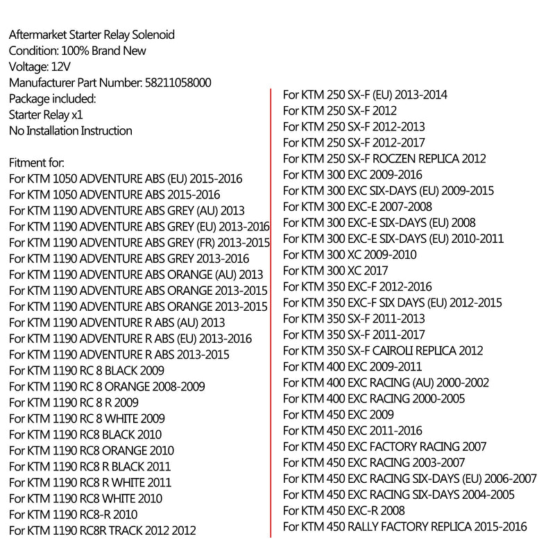 Starter solenoid relé for KTM 1190 RC 8 1290 SUPER ADVENTURE 200 250 690 950 Generisk