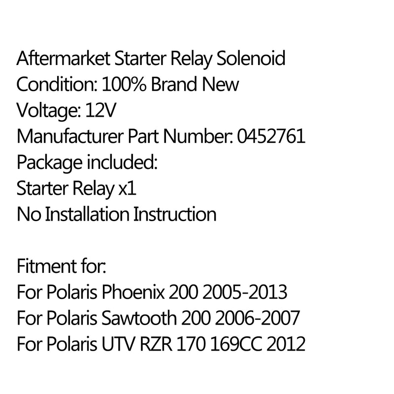 Solenóide de relé de partida para POLARIS RZR 170 2009-2015 2010 2011 2012 2013 0452761 Genérico