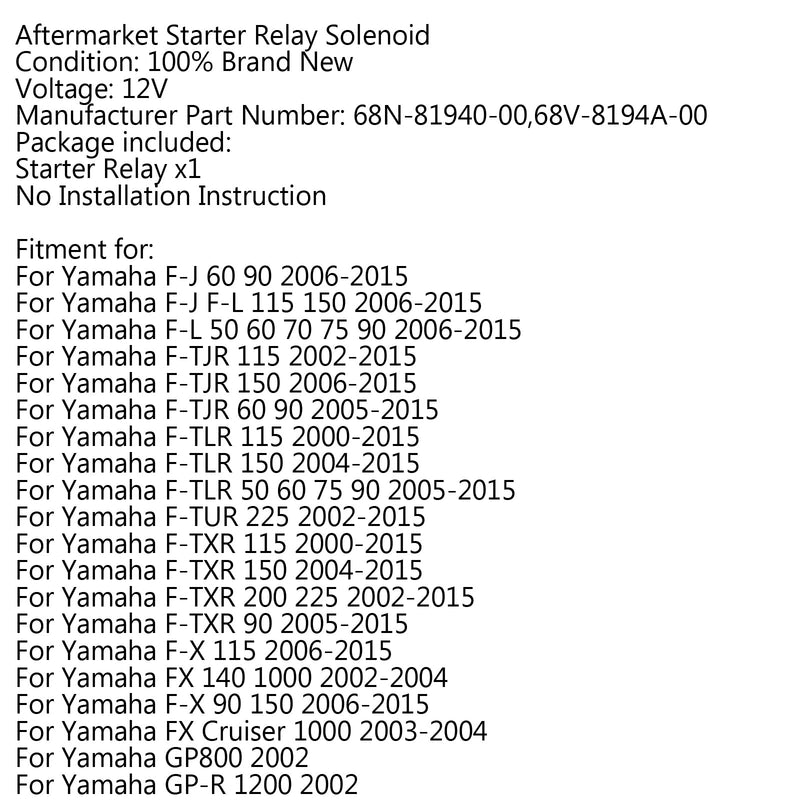 Käynnistysrele Solenoidi 68N-81940-00-00 Yamaha FJ FL FX 60 70 75 Z-TXR SUV Generic