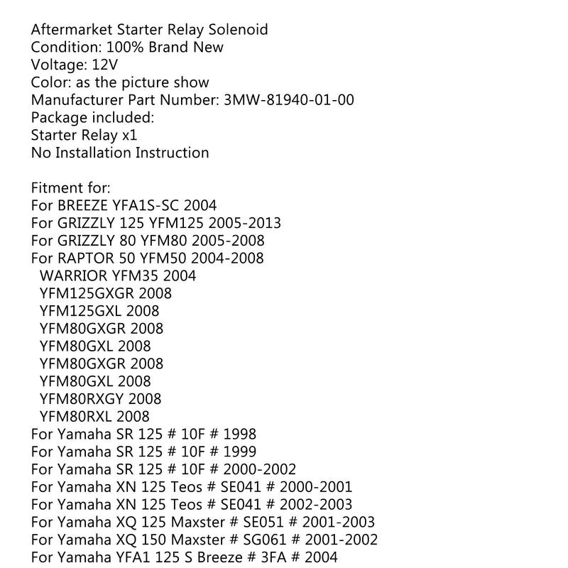 Anlasserrelais Solenoid für Yamaha SR XN XQ YFM 125 80 Grizzly 3MW-81940-01-00 Generic