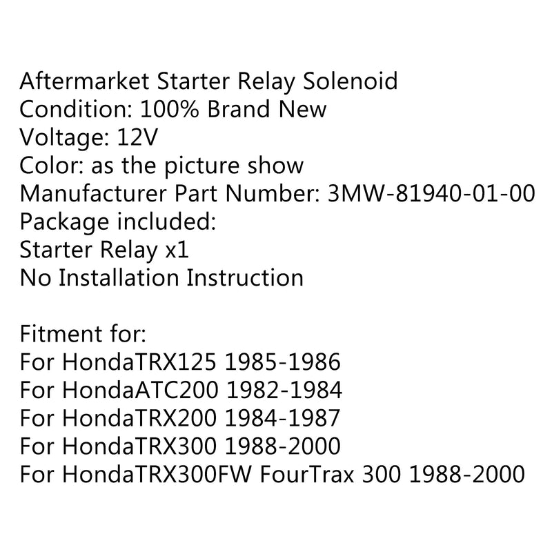 Ignição de relé solenóide de partida para Honda TRX125 85-86 ATC200 TRX 200 300 Genérico