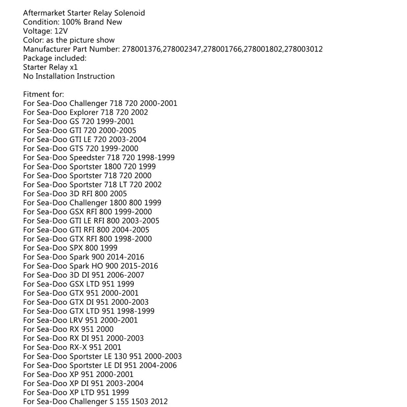 Relais Starter Solenoid für Sea-Doo 278001376 und 278002347 Explorer GTI GSX GTS Generic