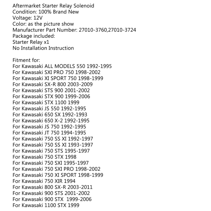 Käynnistysrele Solenoidi Sopii KAWASAKI JT1100 1100 STX 1999 27010-3724 27010-3760 Generic
