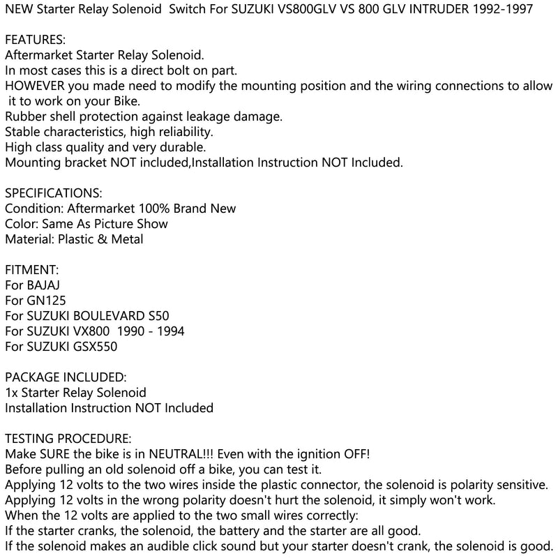Starter solenoid relé for Suzuki VS 800 GLV vs 800 GLV Intruder 1992-1997 motor