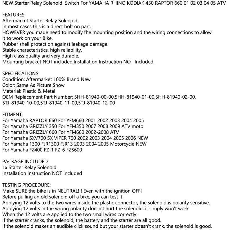 Käynnistysrele Solenoidi varten YAMAHA RHINO KODIAK 450 RAPTOR 660 01 02 03 04 05 ATV Generic