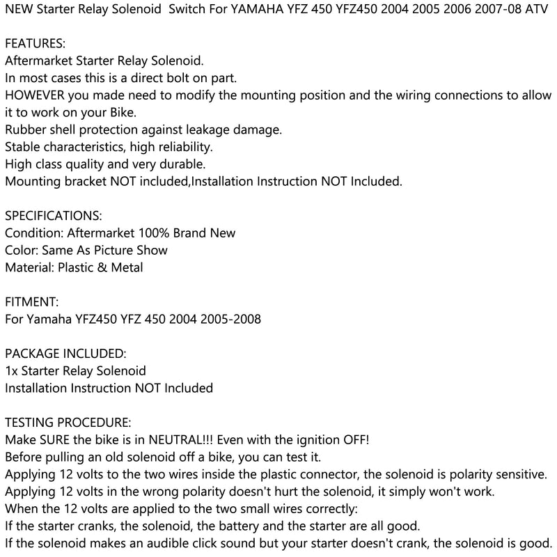Anlasserrelais Solenoid für YAMAHA YFZ 450 YFZ450 2004 2005 2006 2007-08 ATV NEU Generic