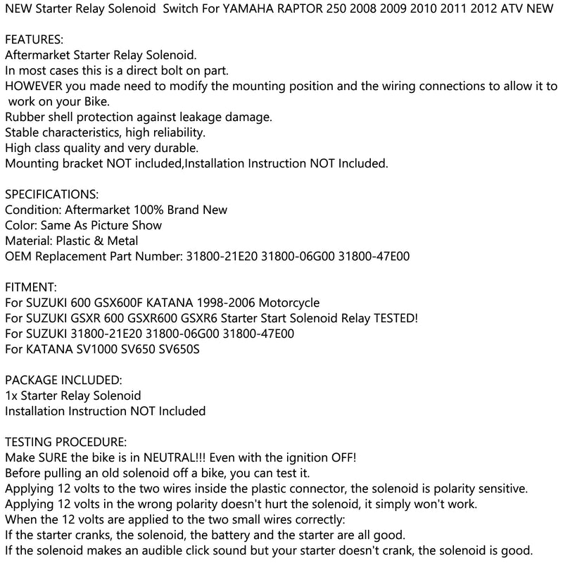 Starter Relais Solenoid PASST YAMAHA RAPTOR 250 2008 2009 2010 2011 2012 ATV NEU Generic