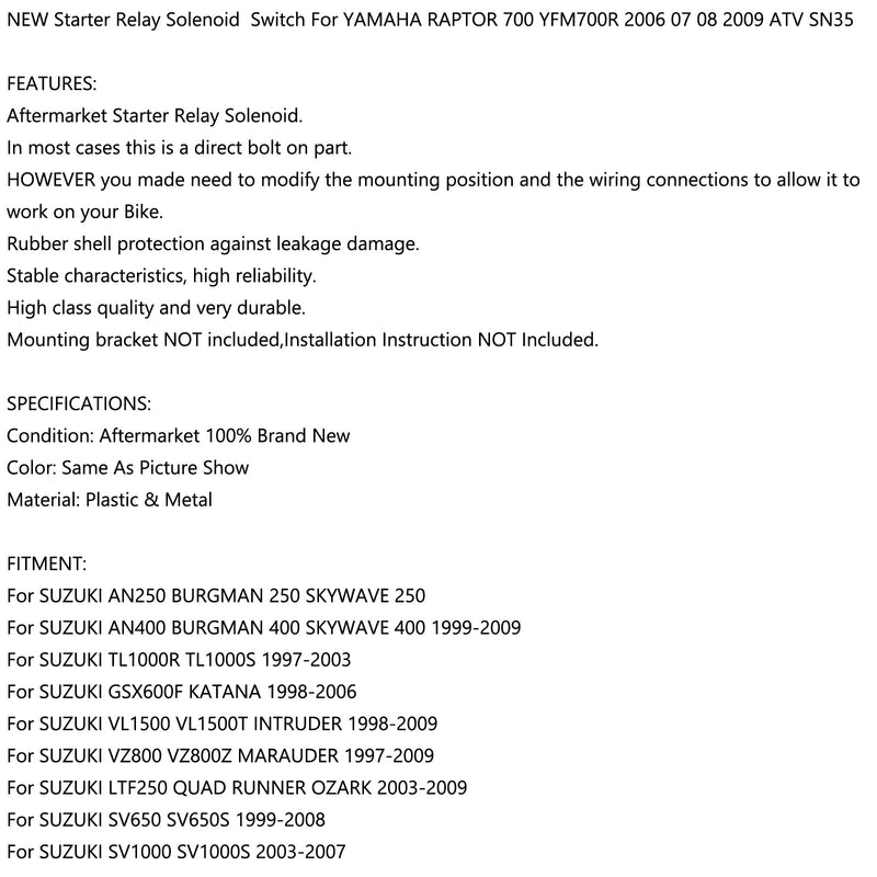 Solenoide de relé de arranque para Yamaha Raptor 700 YFM700R 2006 07 08 2009 ATV SN35