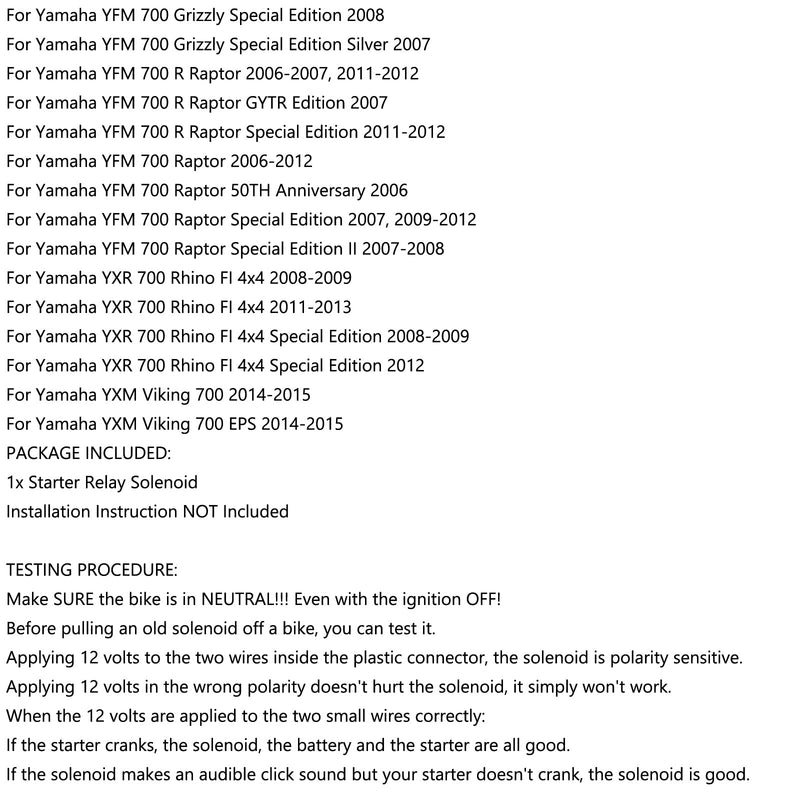 Solenoide de relé de arranque para Yamaha Raptor 700 YFM700R 2006 07 08 2009 ATV SN35