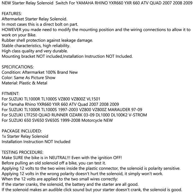 STARTER RELÉ SOLENOID For YAMAHA RHINO YXR660 YXR 660 ATV QUAD 2007 2008 2009 Generisk