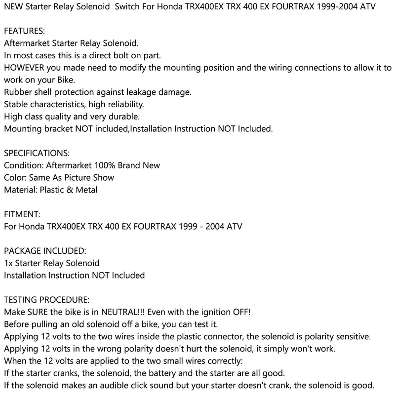 Käynnistysrele Solenoidi Sopii Honda TRX400EX TRX 400 EX Fourtrax 1999-2004 ATV New Generic