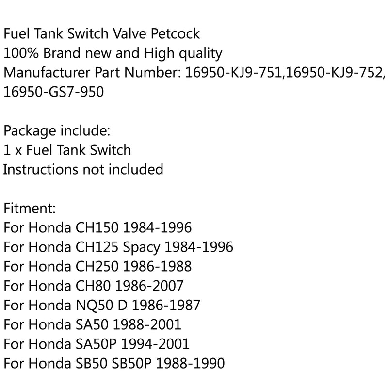 Interruptor grifo combustible para Honda Elite CH80 CH150 Spree 50 Aero SA50 SE50 NB50 NQ50 Generic