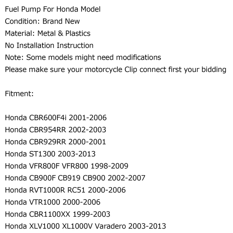 Bränslepump för Honda CBR929RR CBR954RR RVT1000R 02-06 ZX-12R ST1300 03-13 Generic