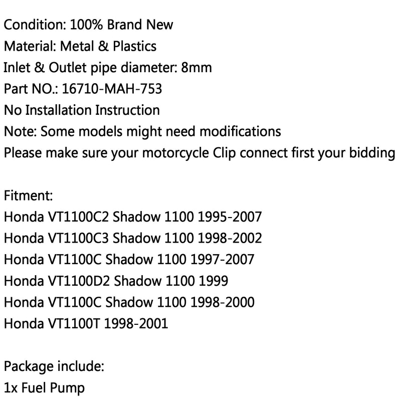 Neue Kraftstoffpumpe für Honda Shadow VT1100C VT1100C2 VT1100C3 1100 VT1100 1999 2002 Generic