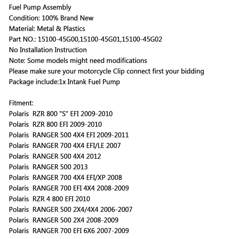 Uusi polttoainepumppu HPolaris RZR 800 S EFI 09-10 700 4X4 EFI/LE 500 2X4 2006 Generic