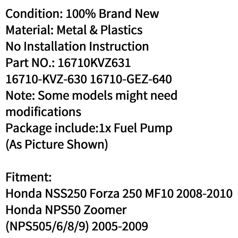 Bränslepumpsenhet vänster uttag Passar Honda NSS250 Forza 250 MF10 2008 2009 2010 Generic