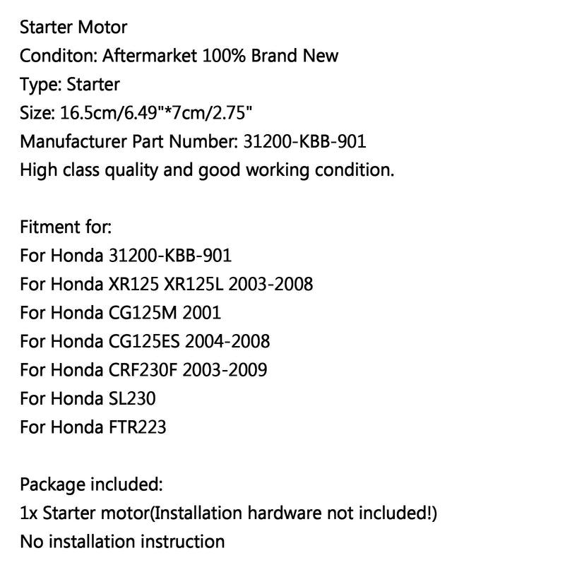 Motorstarter für Honda XR125 XR125L 03-08 CG125M 2001 CRF230F SL230 FTR223 Generic
