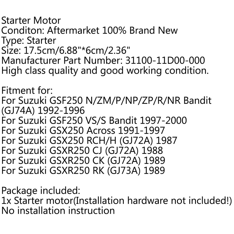 Moottorin käynnistin Suzuki GSF250 VS/S Bandit 1997-2000 GSX250 Across 1991-1997 Generic