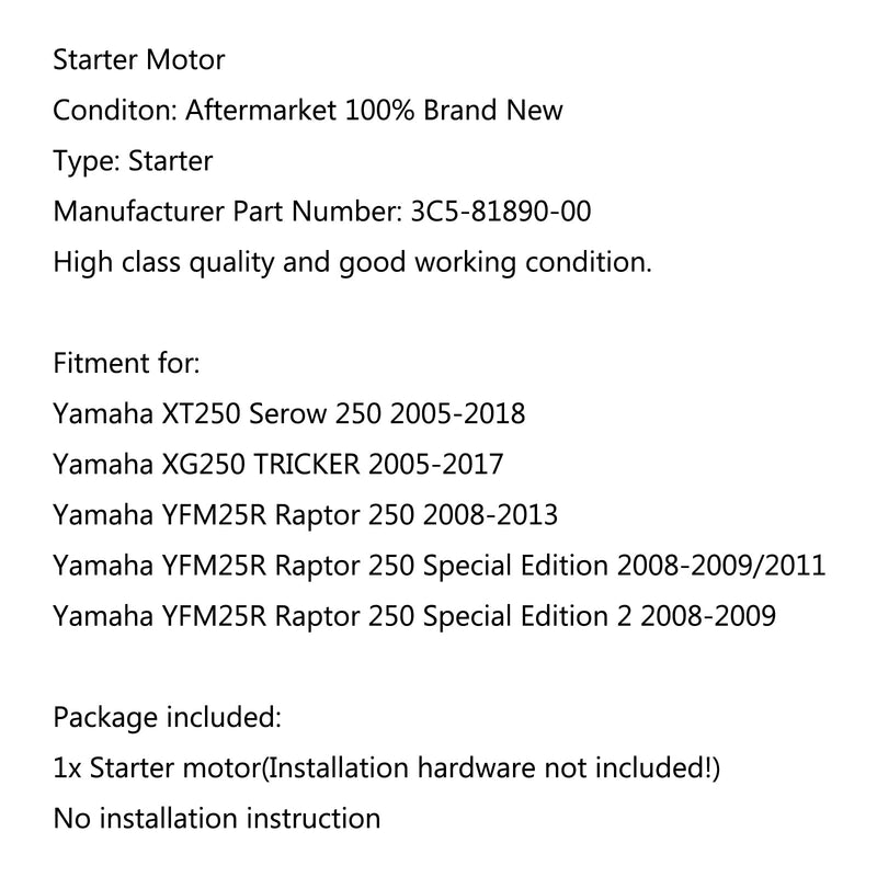 Motorstartare för Yamaha YFM25R Raptor 250 2008-2013 Special Edition 2 2008-2009 Generic