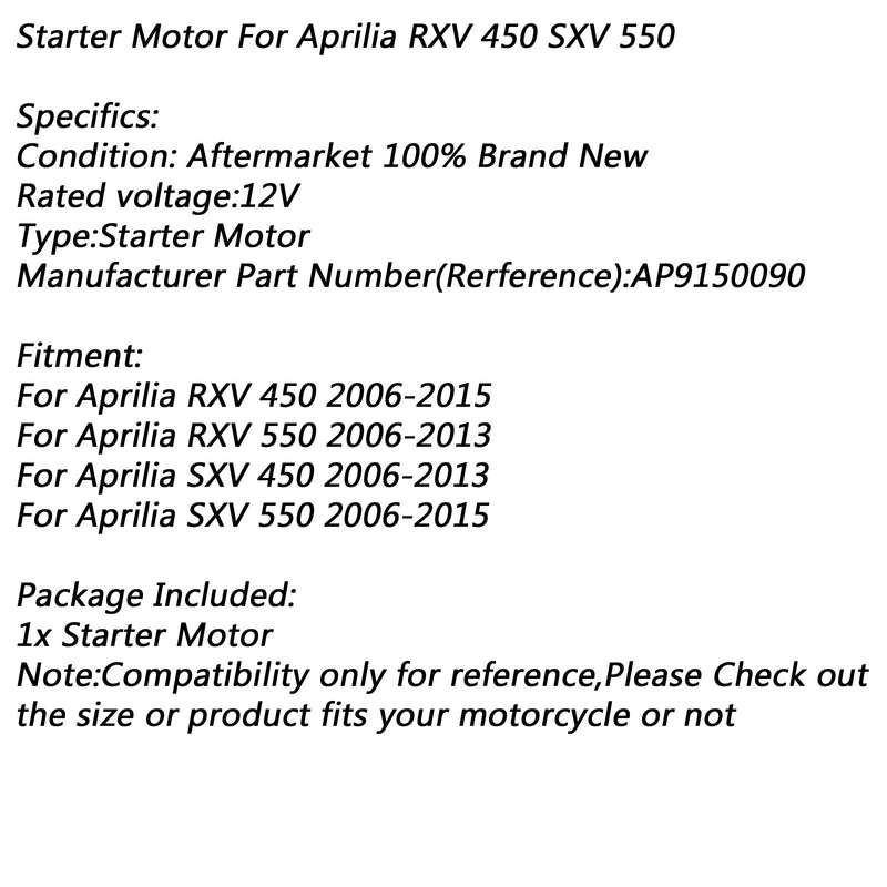 Motor de partida elétrico para Aprilia RXV 450 2006-2015 RXV 550 2006-2013 SXV 450