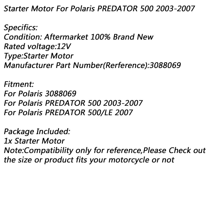 Elektrisk starter for Polaris PREDATOR 500 2003-2007 PREDATOR 500/LE 2007 Generisk