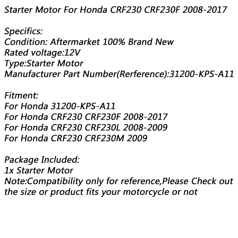 Arranque eléctrico para Honda CRF230 CRF230F 08-17 CRF230L 08-09 CRF230M 2009 Genérico