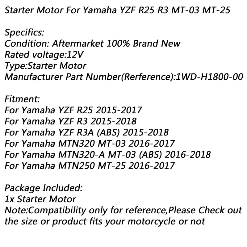 Rozrusznik elektryczny do Yamaha YZF R25 15-17 R3 15-18 MT-03 2016-2017 MT-25 Generic