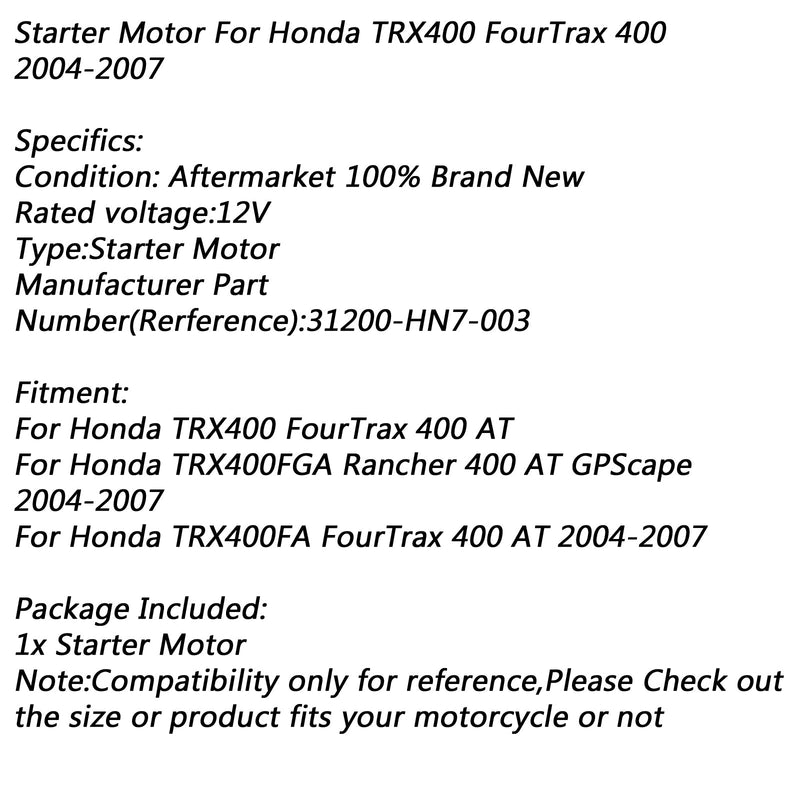 Arranque eléctrico para Honda TRX400 FourTrax 400 AT TRX400FGA 2004-2007 Genérico