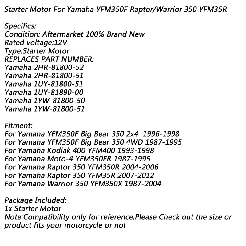 Elektrisk startmotor för Yamaha YFM350F Big Bear 350 4WD YFM350R Raptor Moto-4 Generic