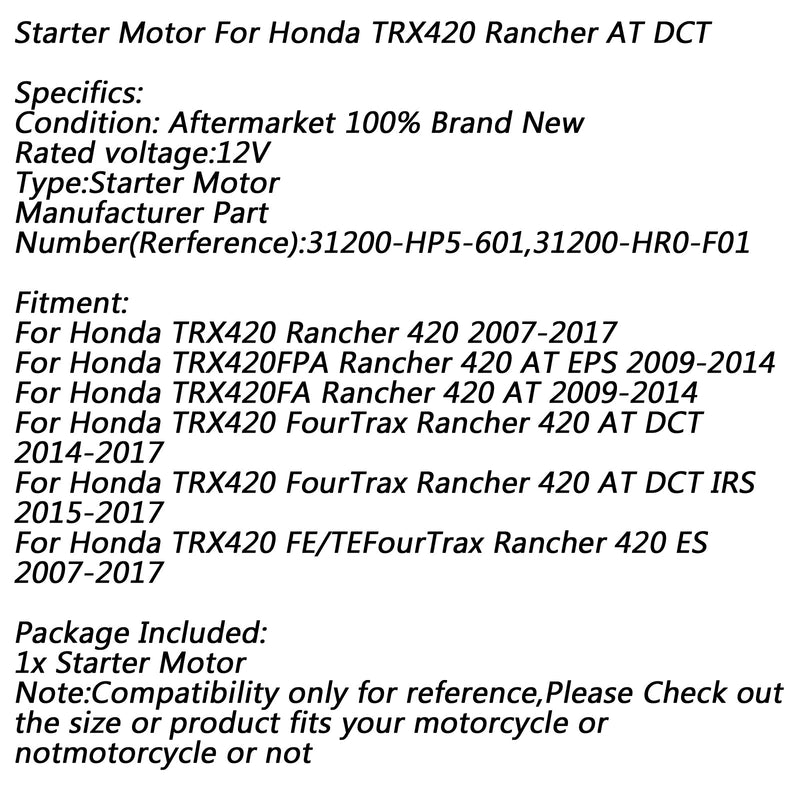 Elstartare för Honda TRX420 Rancher 420 2007-2017 AT DCT 2014-2017 Generic