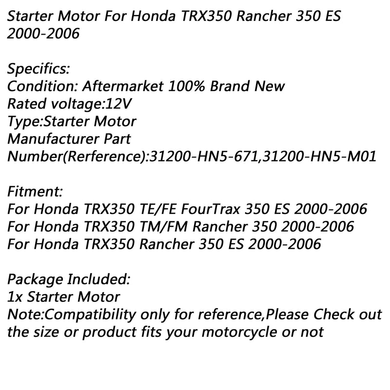 Elektrisk starter for Honda TRX350 TE/FE FourTrax 350 TM/FM Rancher 2006 Generisk