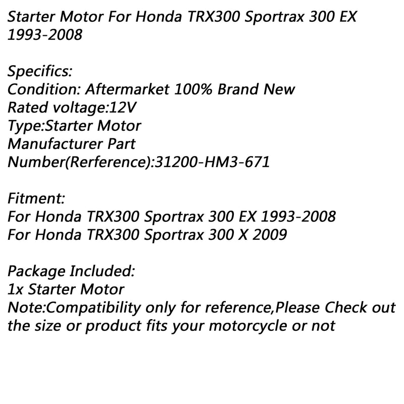 Rozrusznik elektryczny do Hondy TRX300 Sportrax 300 X 2009 31200-HM3-671 Generic