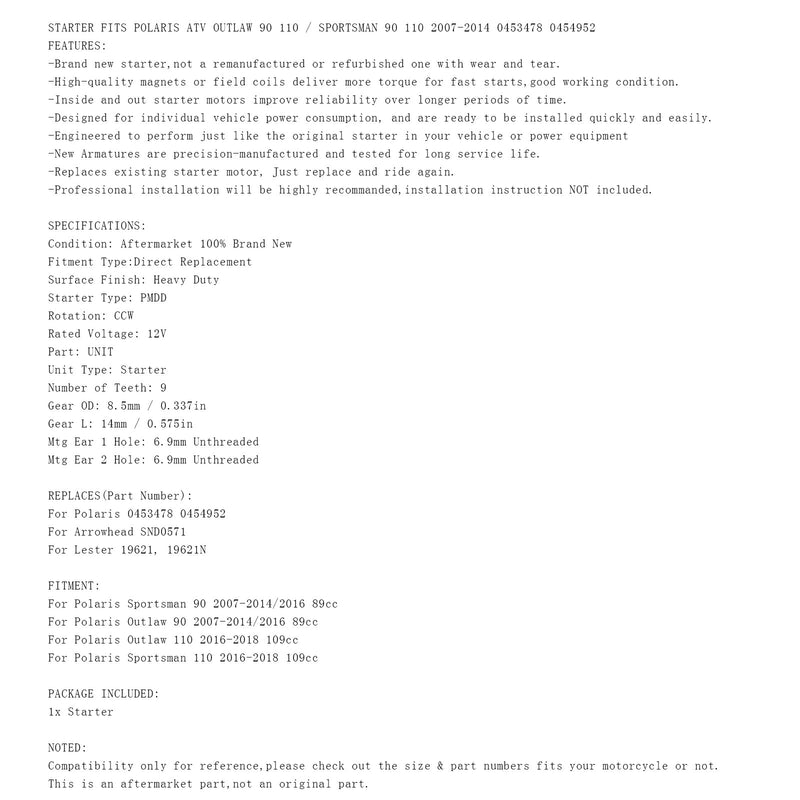 STARTMOTOR FOR POLARIS OUTLAW 90 110 SPORTSMAN 90 110 ATV