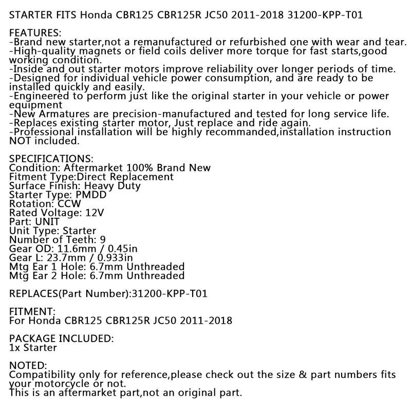 Neuer Starter PMDD CCW 9-Zahn 12V für Honda CBR125R JC50 2011-2018 31200-KPP-T01 Generic