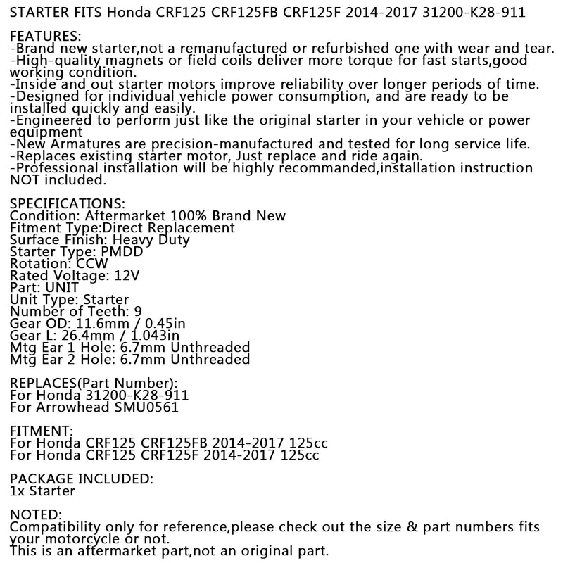 Neuer Starter PMDD CCW 9-Zahn 12V für Honda CRF125F CRF125FB 14-17 31200-K28-911 Generisch