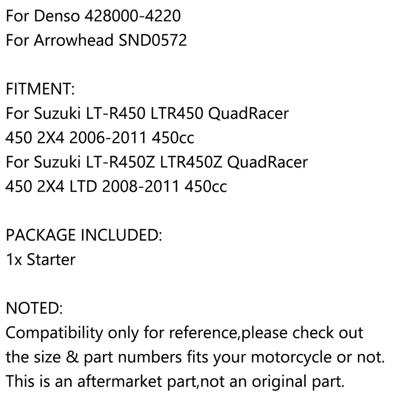 Käynnistysmoottori SUZUKI LTR450 LT-R450 LT-R450Z QUADRACER 450 2006-2011 31100-45G00 Generic