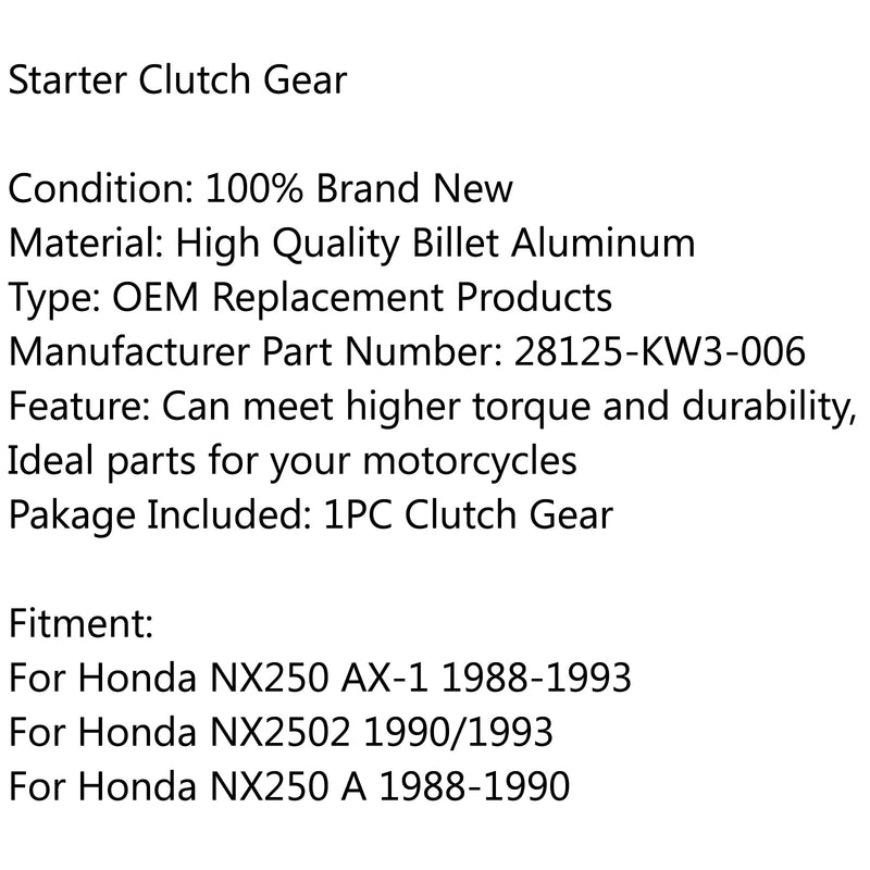 Engrenagem de redução do extrator do volante da embreagem de partida para Honda NX250 A 1988-1990 AX-1 Genérico