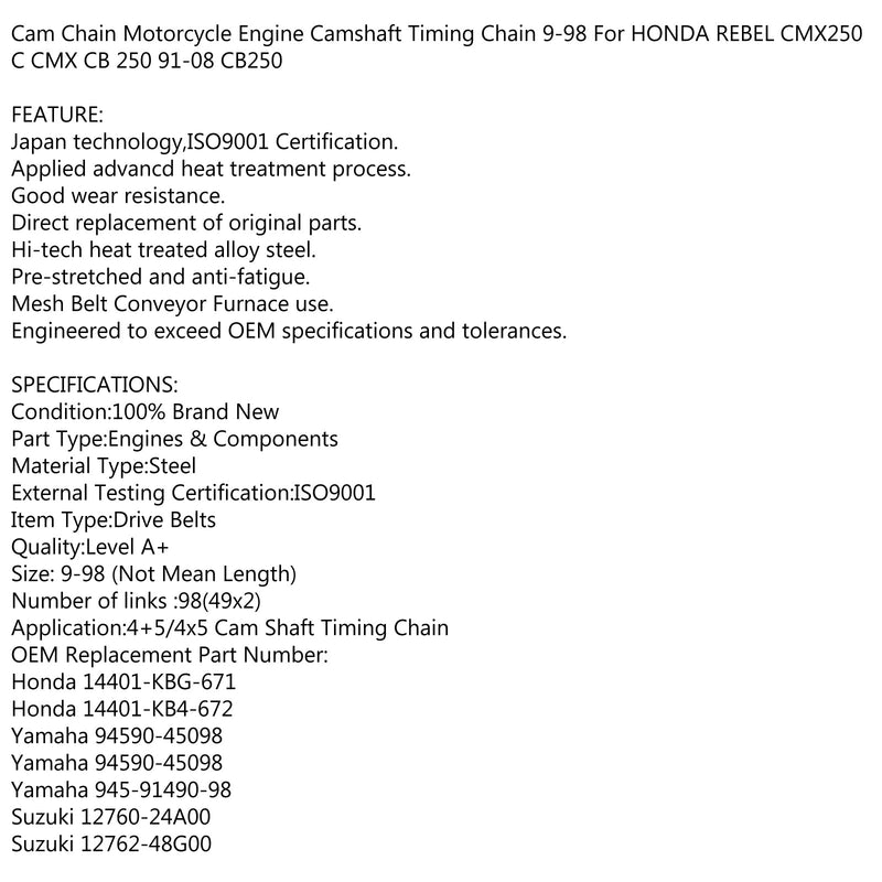 Corrente de distribuição 98L para Honda CMX250C Rebel Yamaha XV1000 Virago Suzuki VLR1800 Genérico