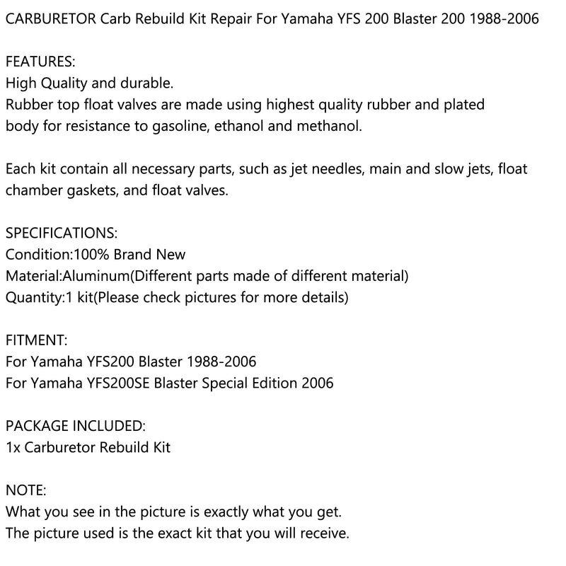 Kaasuttimen CARB Rebuild korjaussarja Yamaha YFS 200 Blaster 200 YFS200 88-06 Generic