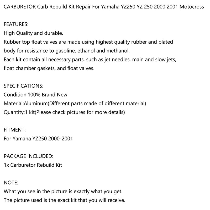 Reparo do kit de reconstrução de carburador para Yamaha YZ250 Motocross YZ 250 2000-2001 Genérico